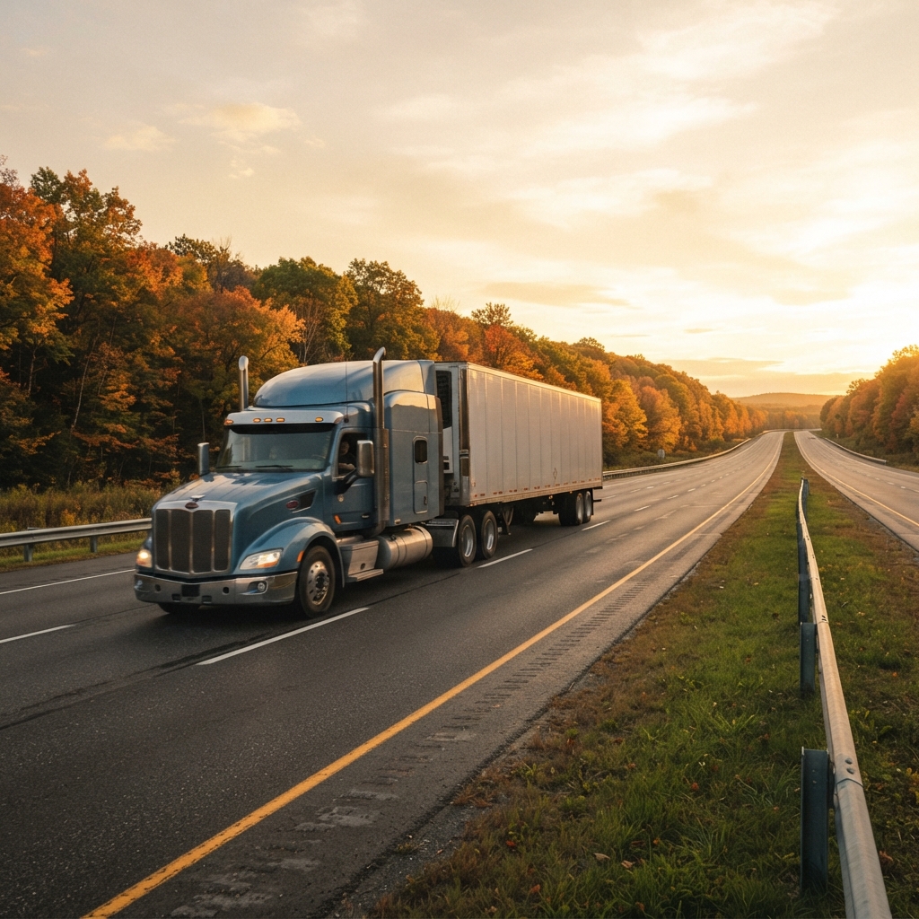Transport truck driving along a Canadian highway