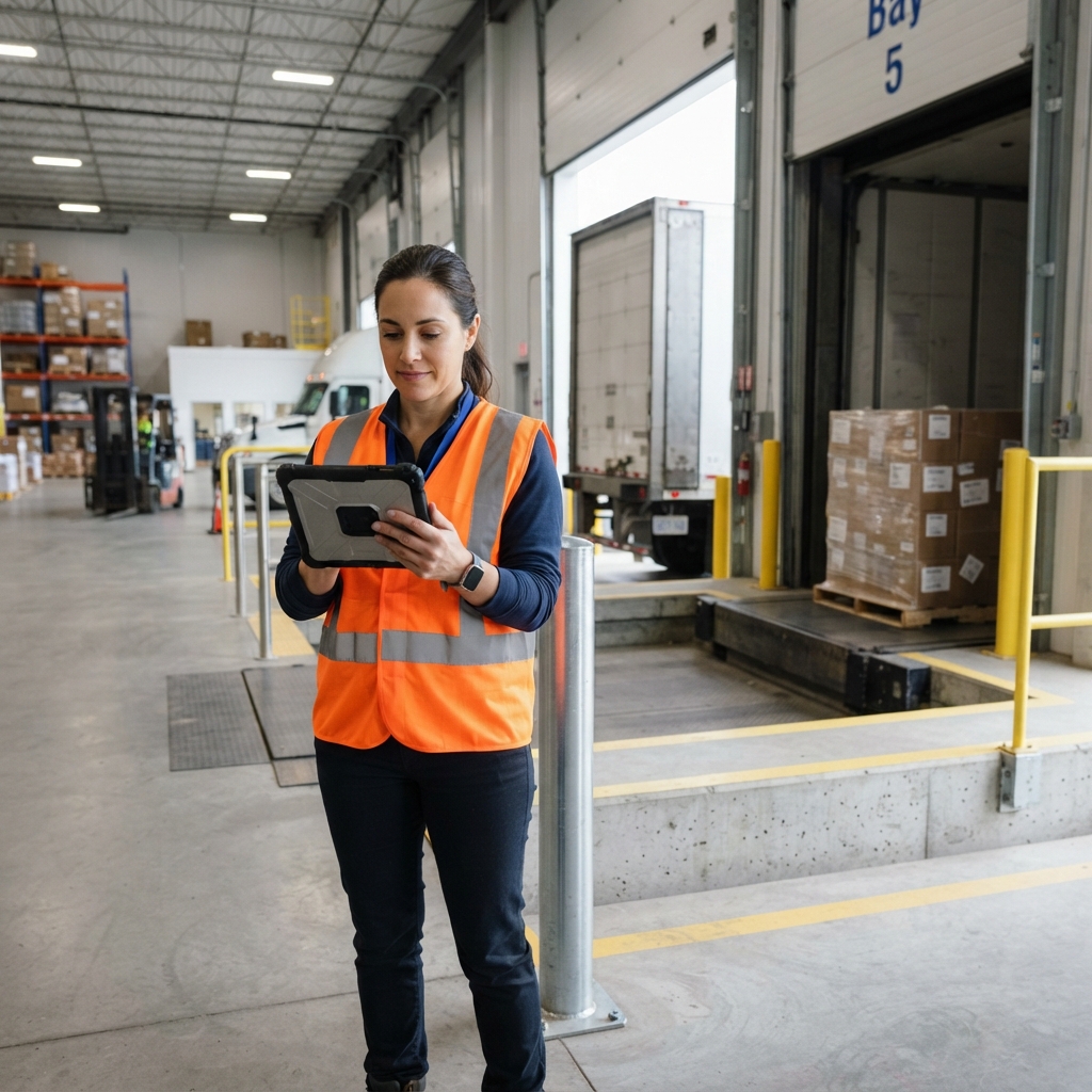 Logistics manager checking shipping status at a warehouse dock