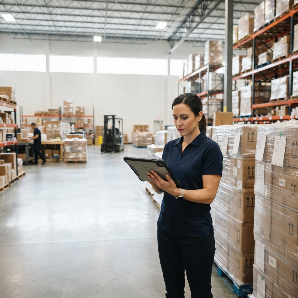 Logistics coordinator managing shipments in a clean warehouse