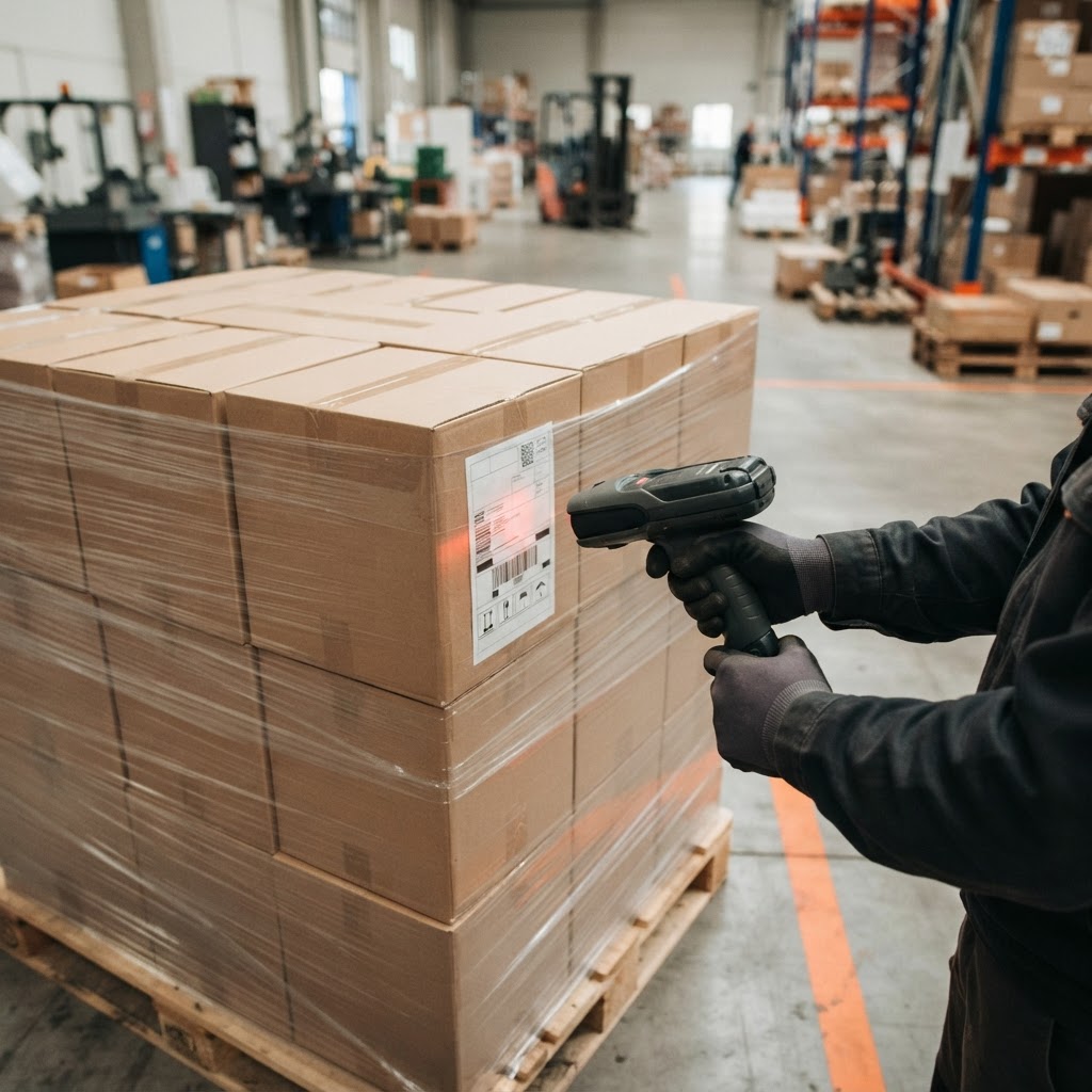 Worker scanning a shipping pallet in a warehouse