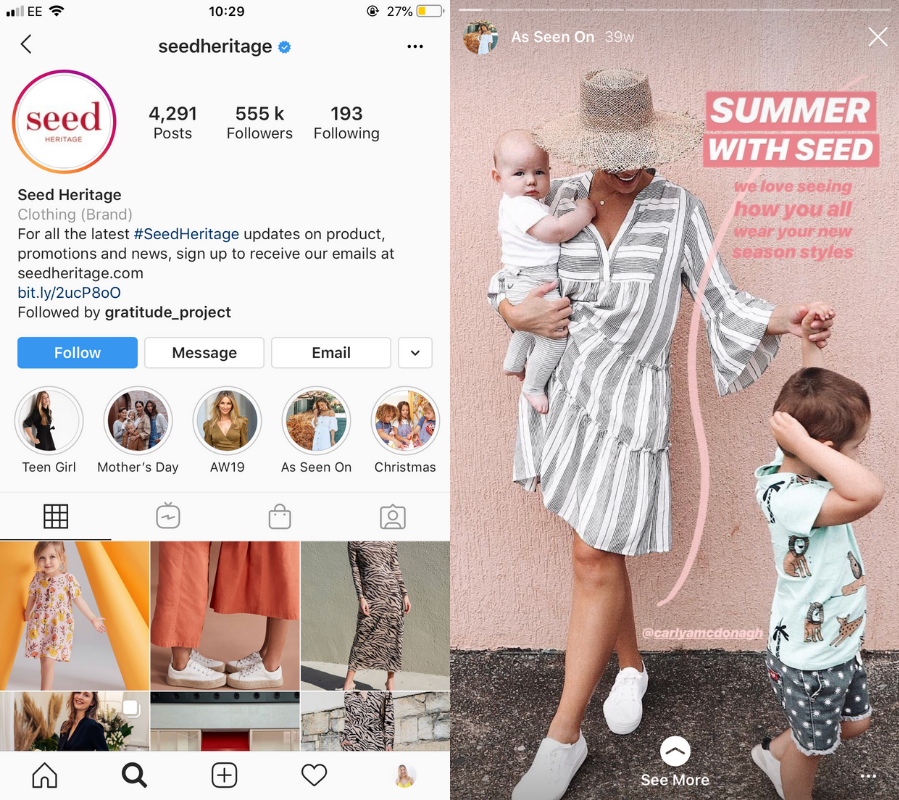 Página de Instagram y historia de Seed Heritage