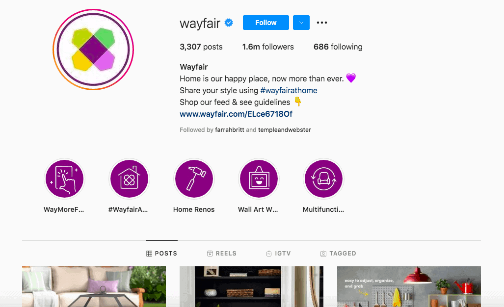 Página principal de Instagram de Wayfair pidiendo a los usuarios compartir su estilo con el hashtag #wayfairathome