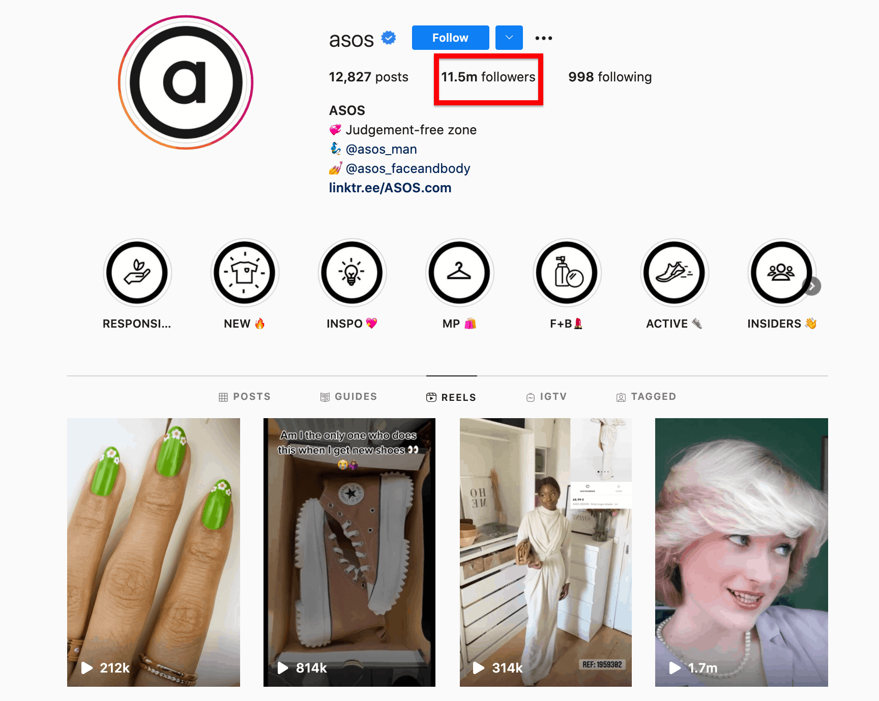 Perfil de ASOS resaltando sus 11.5 millones de seguidores.
