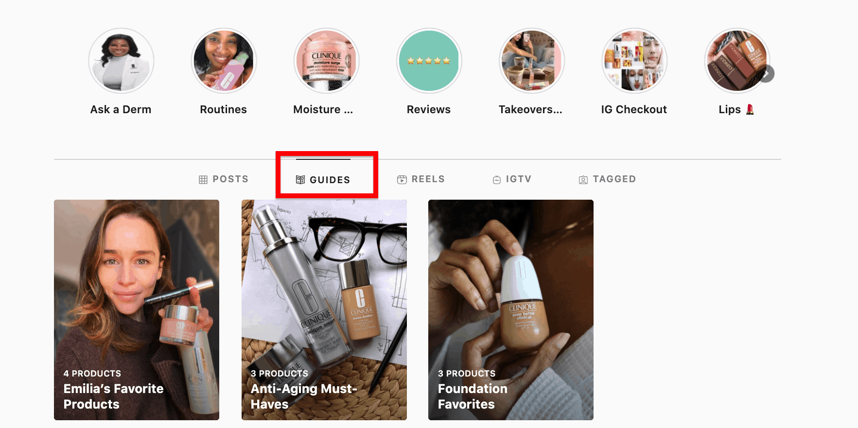Guías de Instagram de Clinique sobre antiarrugas, bases favoritas y productos favoritos de Emelia Clarke de Juego de tronos.