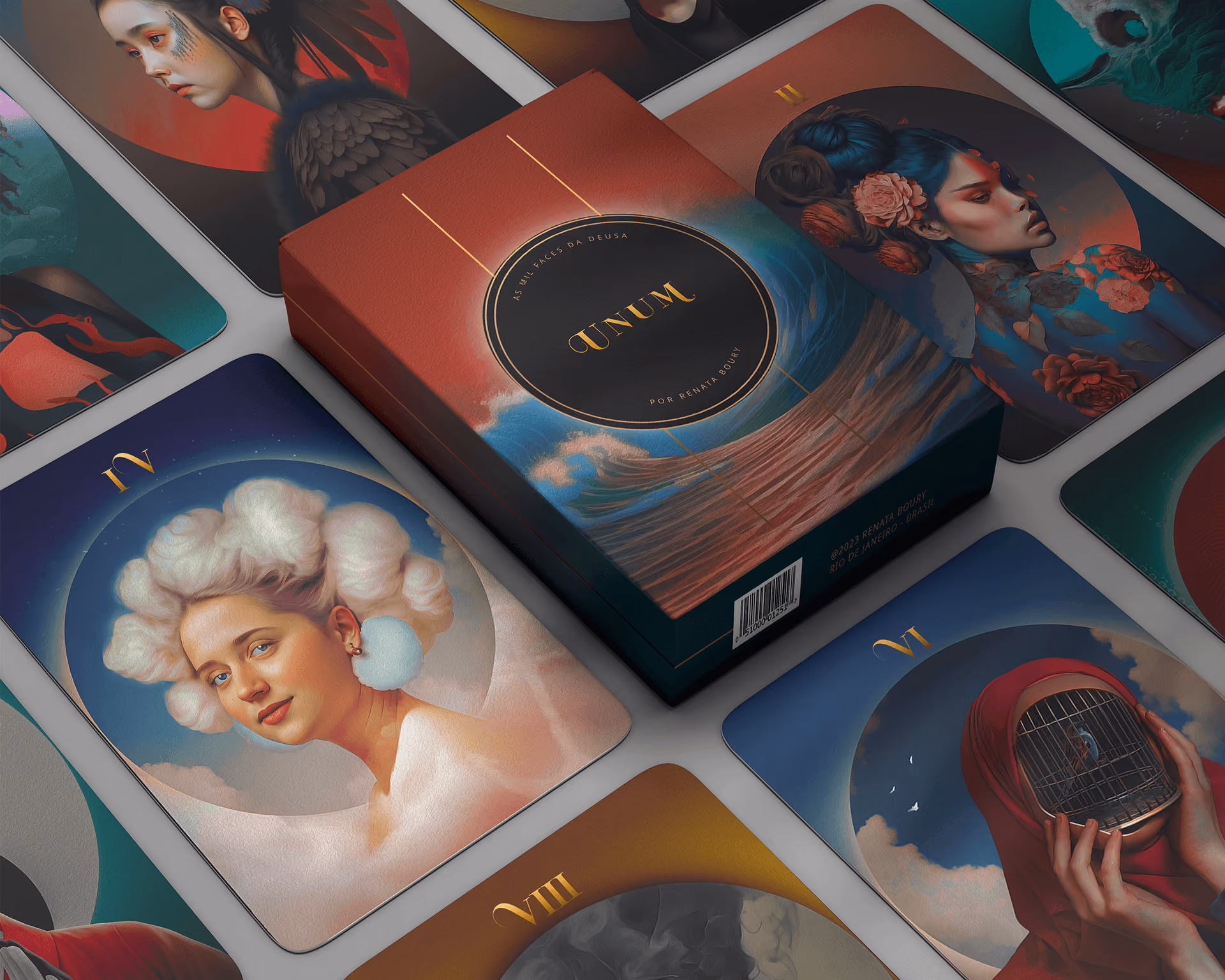 Unum illustrated card deck and box showing varied feminine portraits.