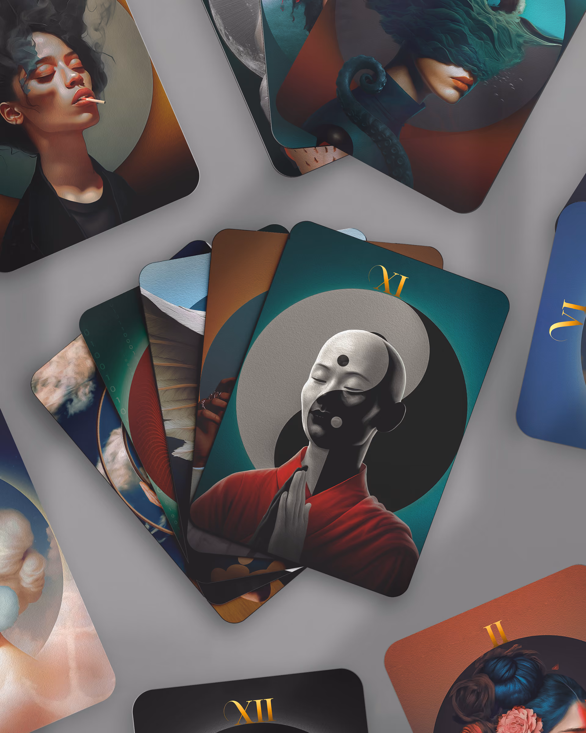 Selection of Unum cards with symbolic portraits arranged on a tabletop.