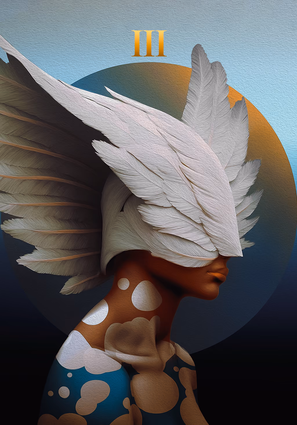 Unum card III: profile of a figure with a large white feathered headdress.