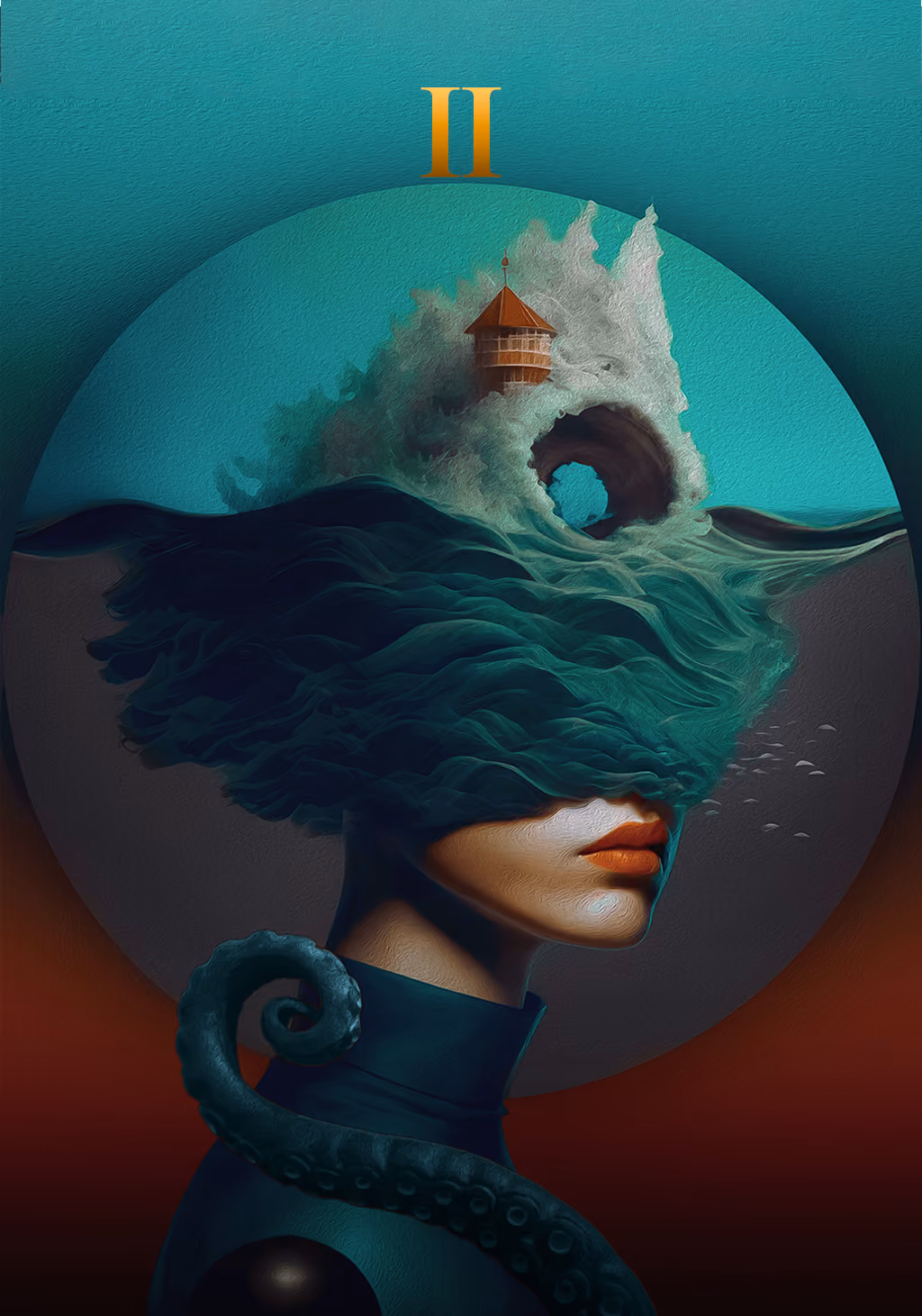 Unum card II: figure beneath a wave-like headpiece with a small house.