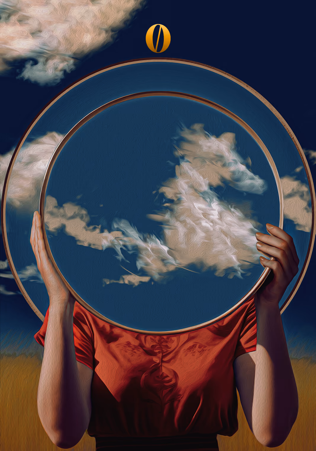 Unum card 0: figure holding a circular mirror reflecting the sky.
