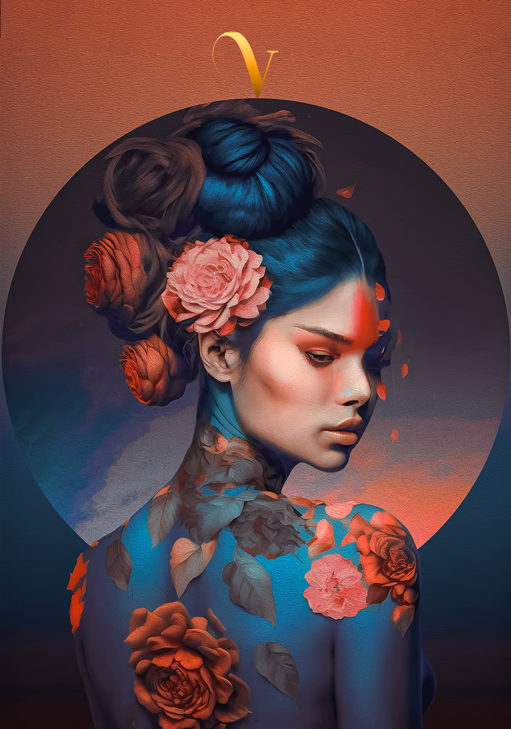 Unum card V: floral portrait with blue hair and red blossoms.
