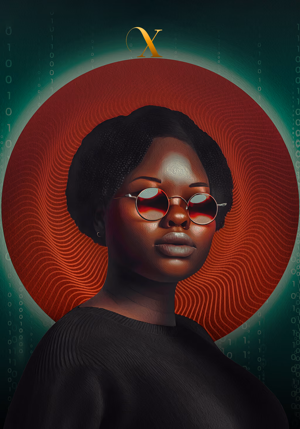 Unum card IV: portrait with sunglasses against a red circular halo.