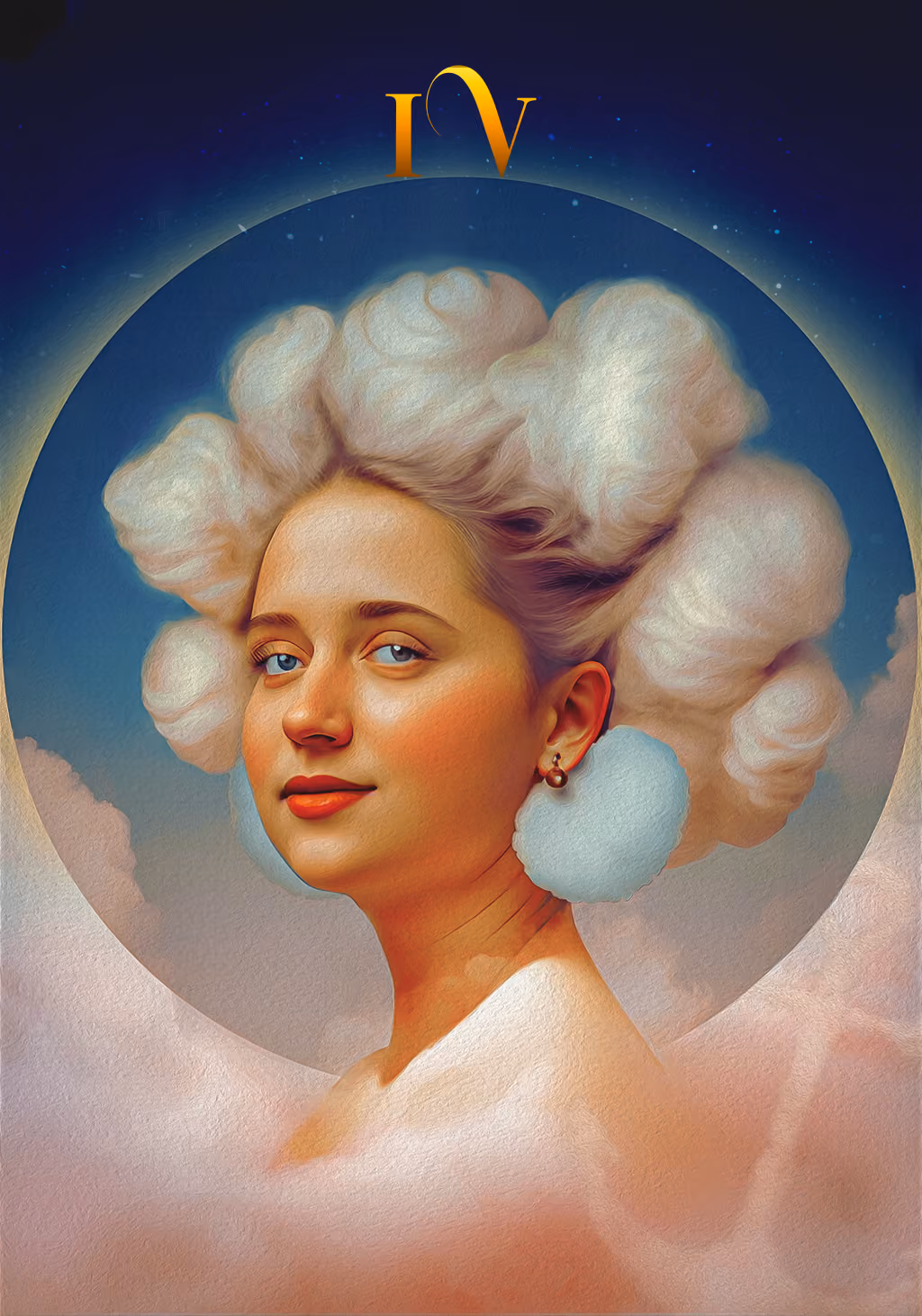 Unum card XVIII: portrait of a woman with sculptural white hair.