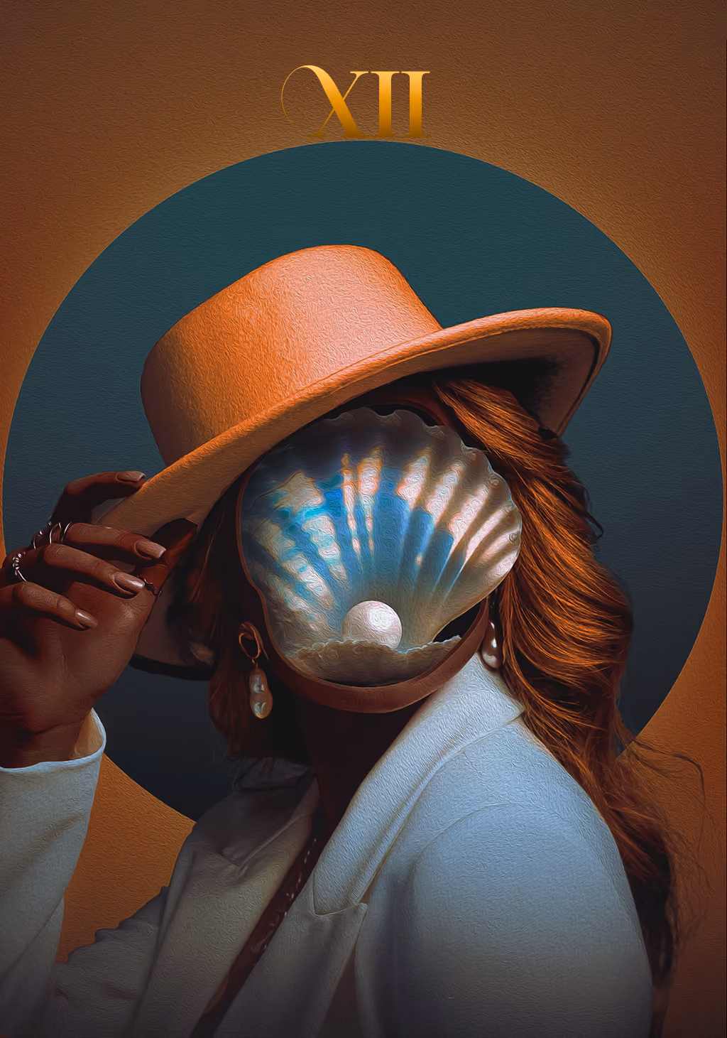 Unum card XII: figure in a hat with a shell covering the face.