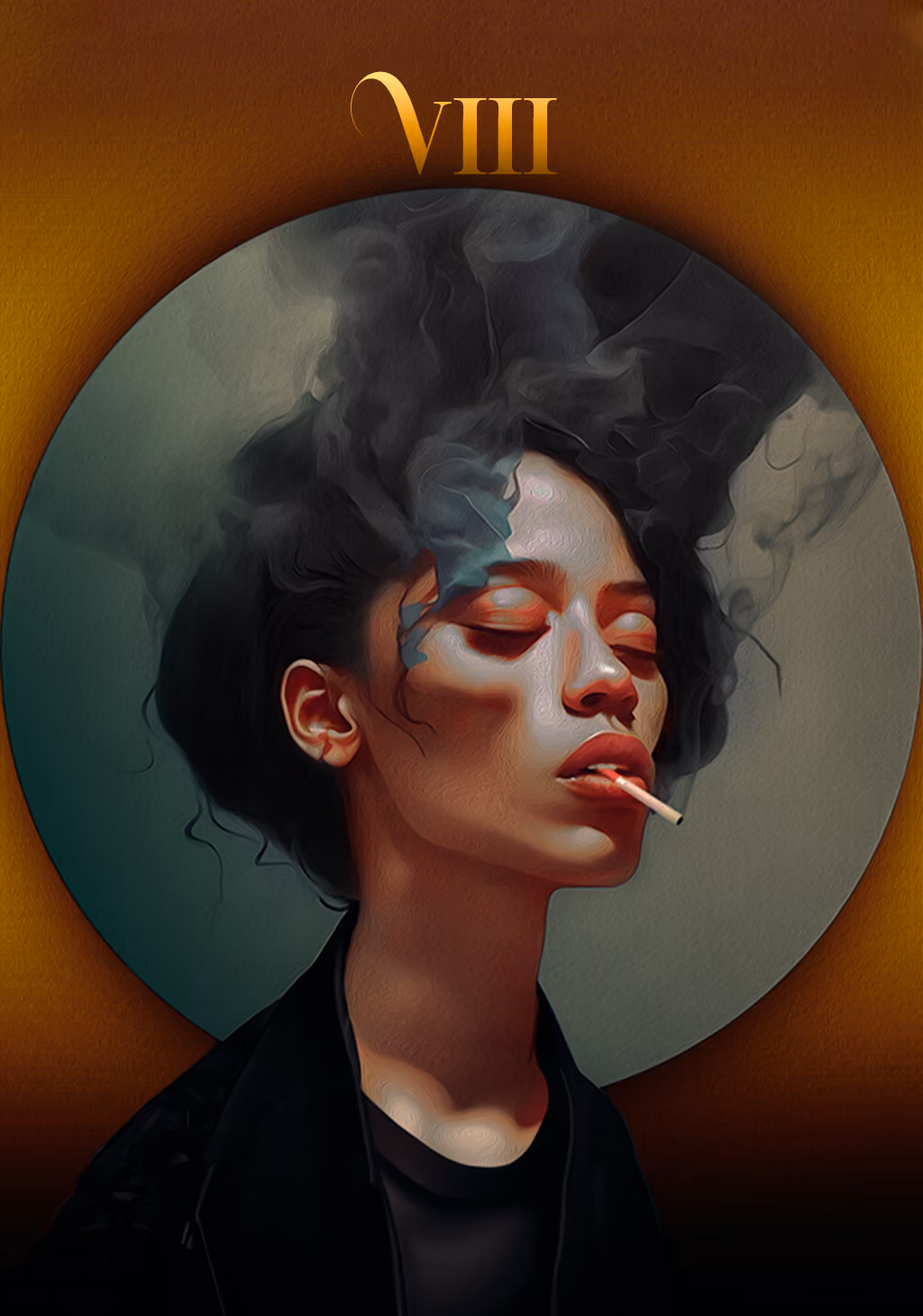 Unum card VIII: contemplative portrait with closed eyes and a cigarette.