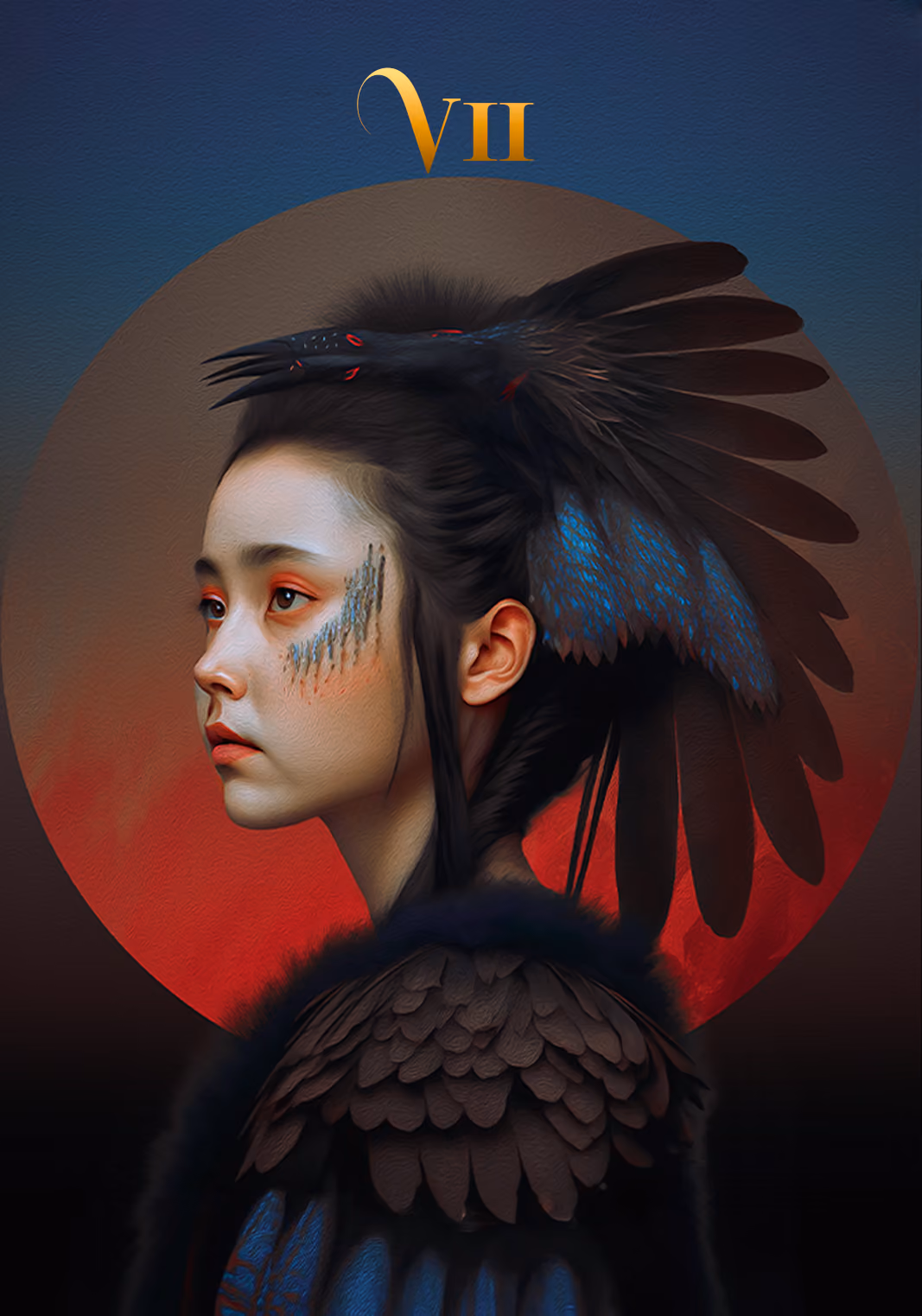 Unum card VII: profile portrait with a dark feathered headdress.