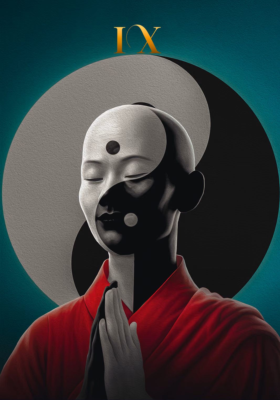 Unum card IX: figure with a monochrome face mask against a green background.