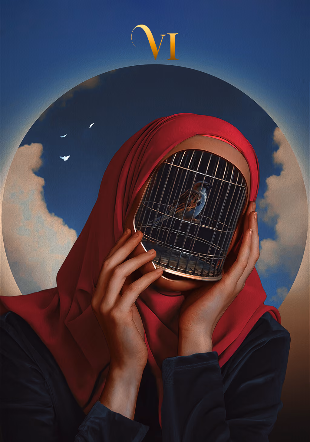 Unum card VI: figure in a red hood holding a cage over their face.