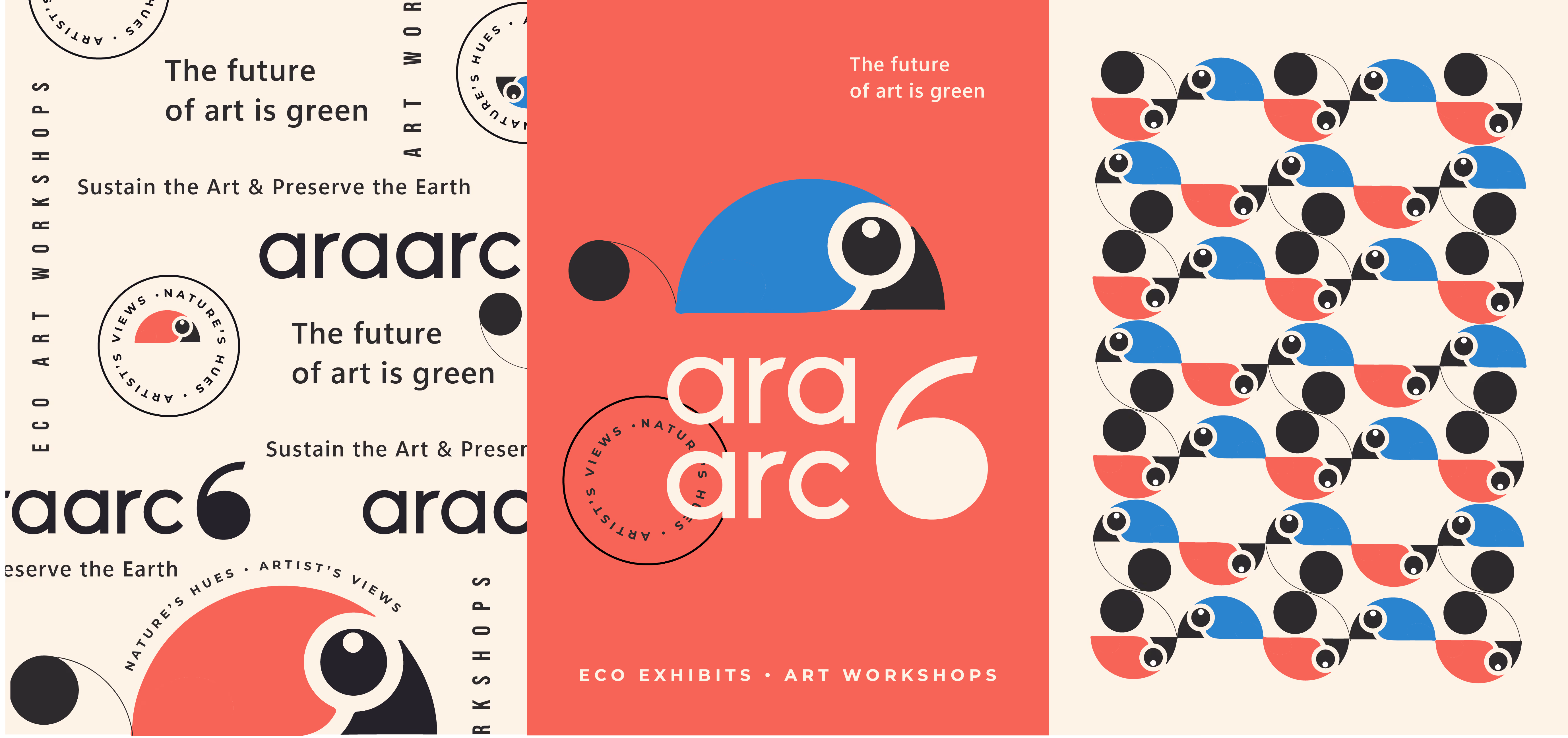 AraArc 6 brand applications with geometric macaw illustrations and exhibition messaging.