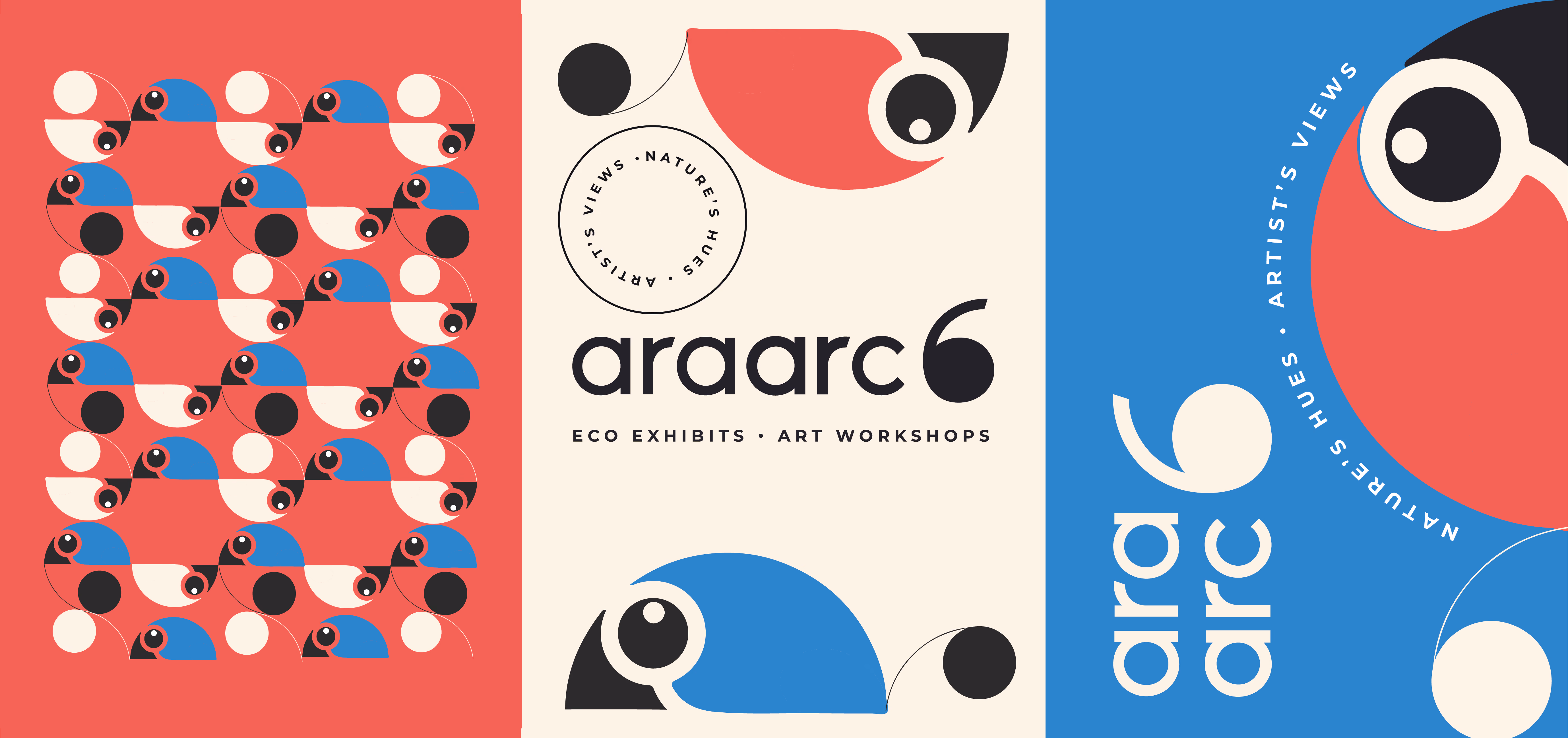 AraArc 6 visual system with macaw patterns, logos, and typography in coral, blue, black, and cream.