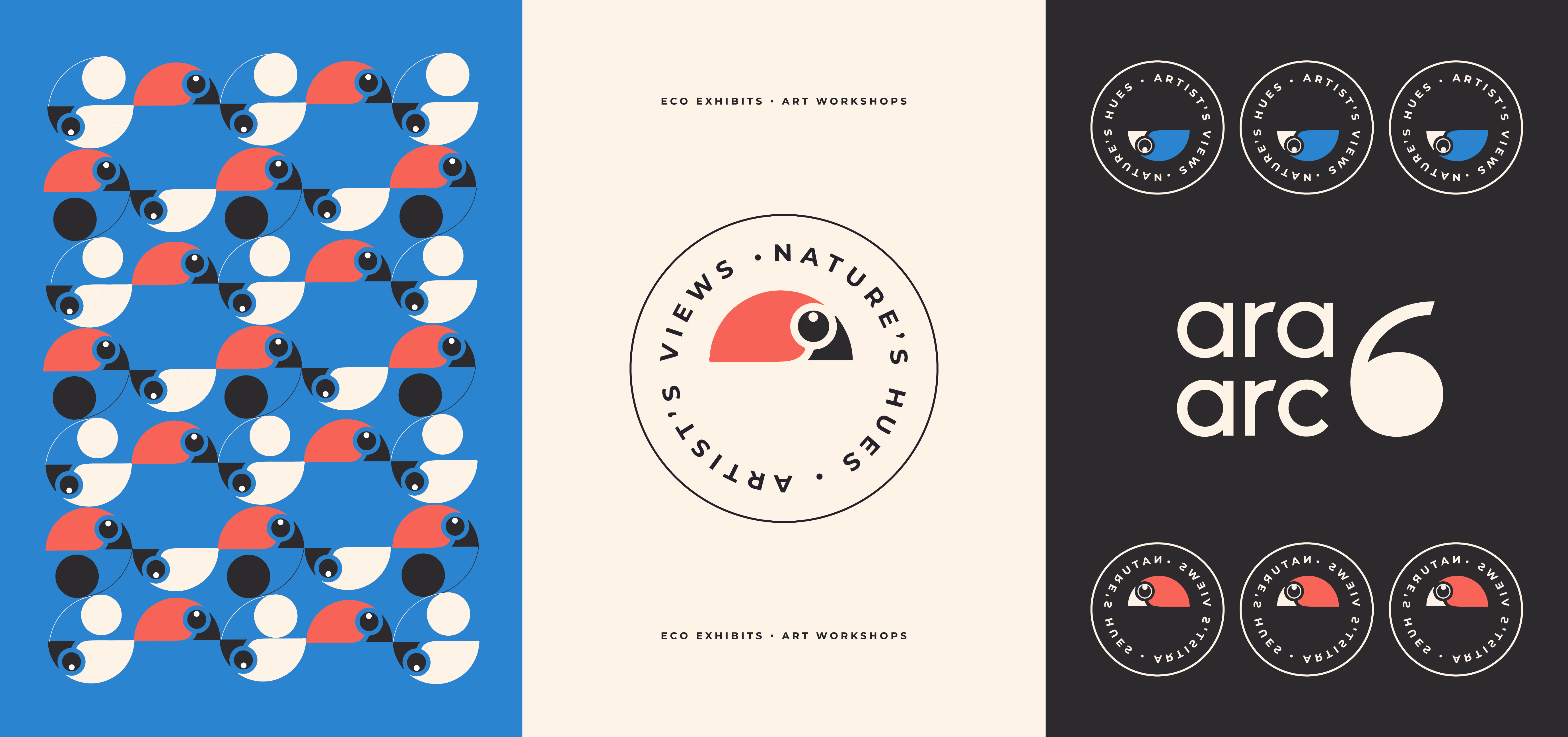 AraArc 6 macaw pattern and circular exhibition logo variations.