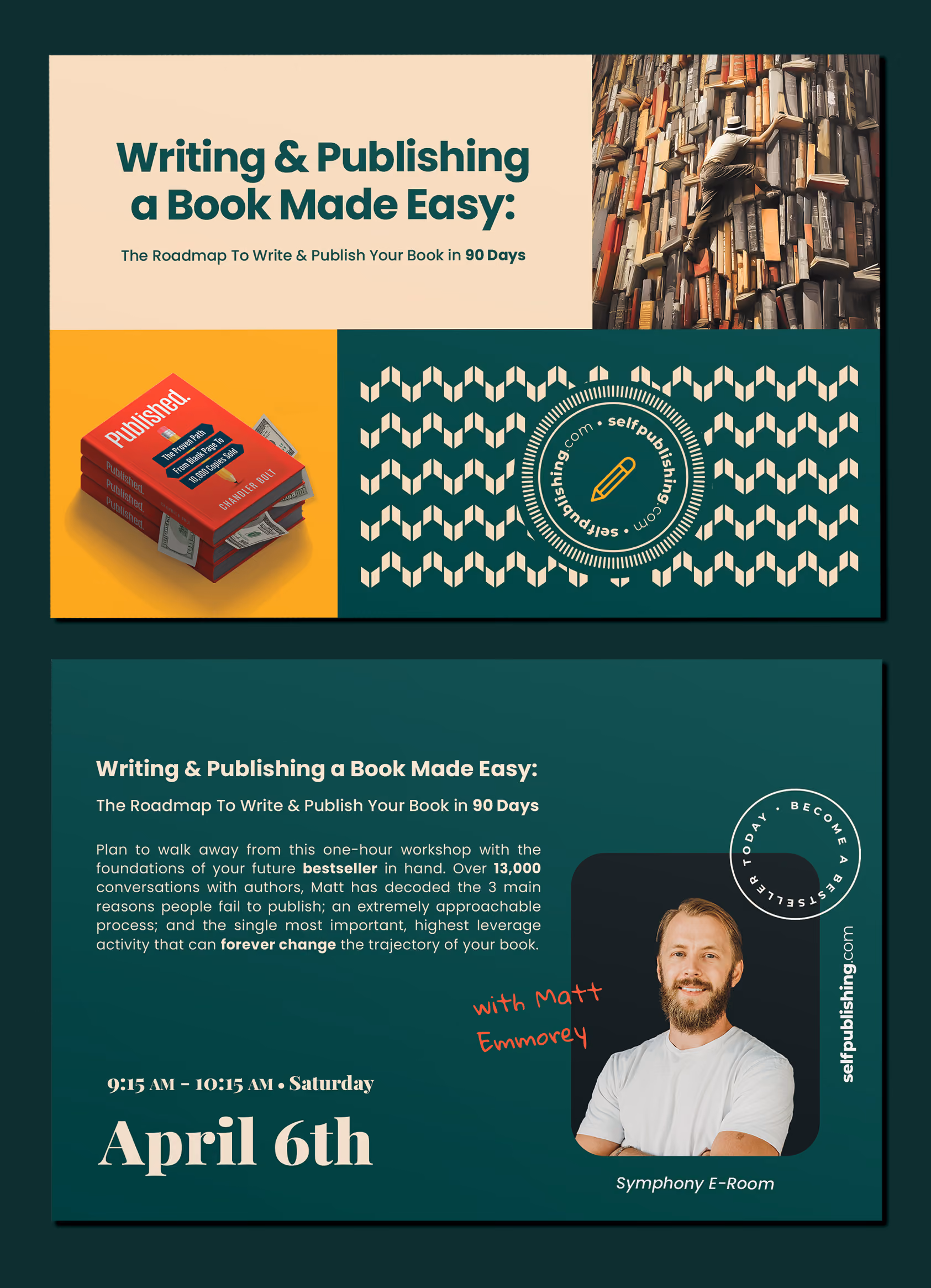 Selfpublishing.com promotional cards for a writing and publishing workshop.