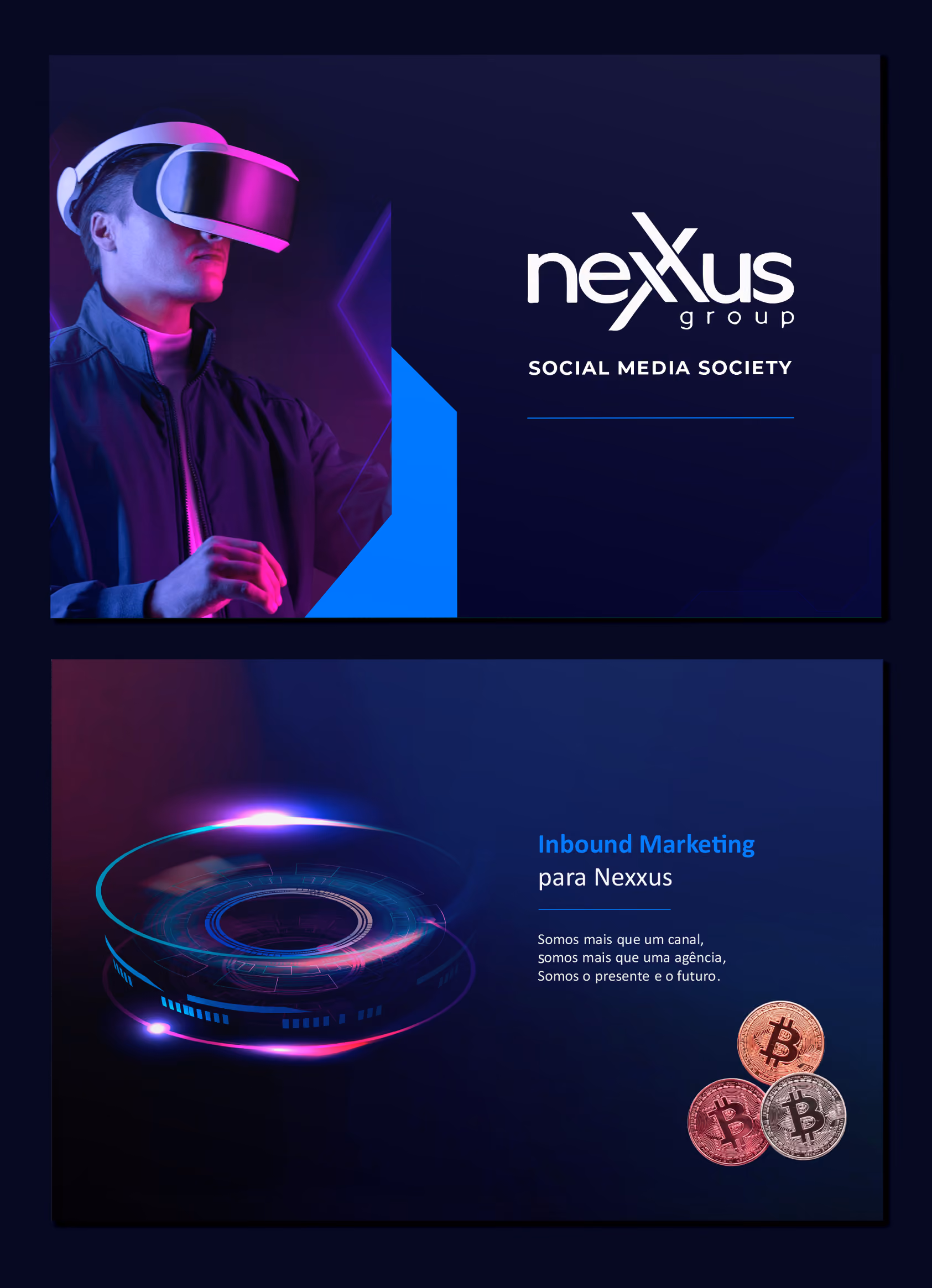 Nexus social media advertising designs in neon purple and blue.