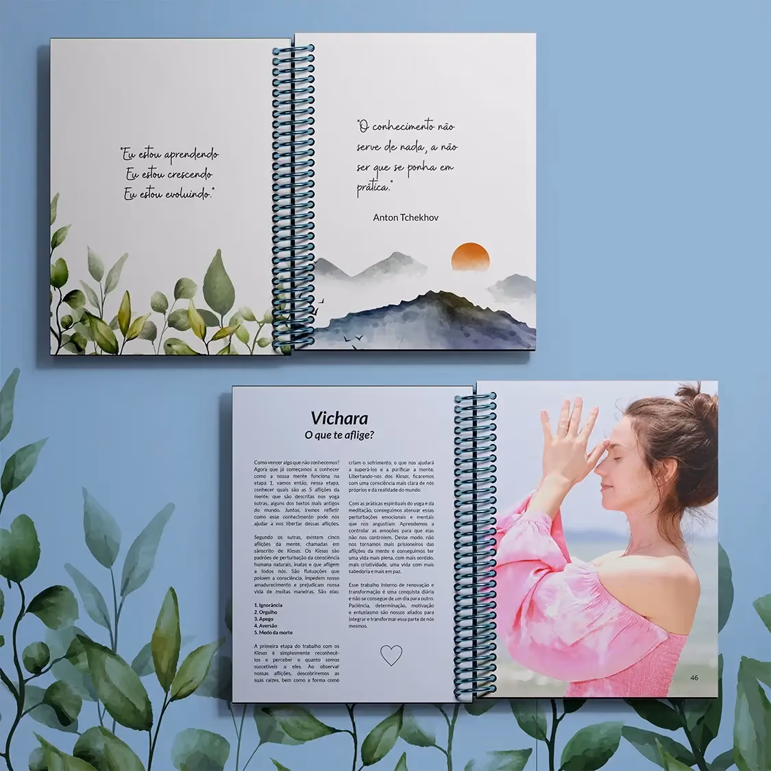 Camila Zen journal spreads with botanical illustrations and wellness photography.