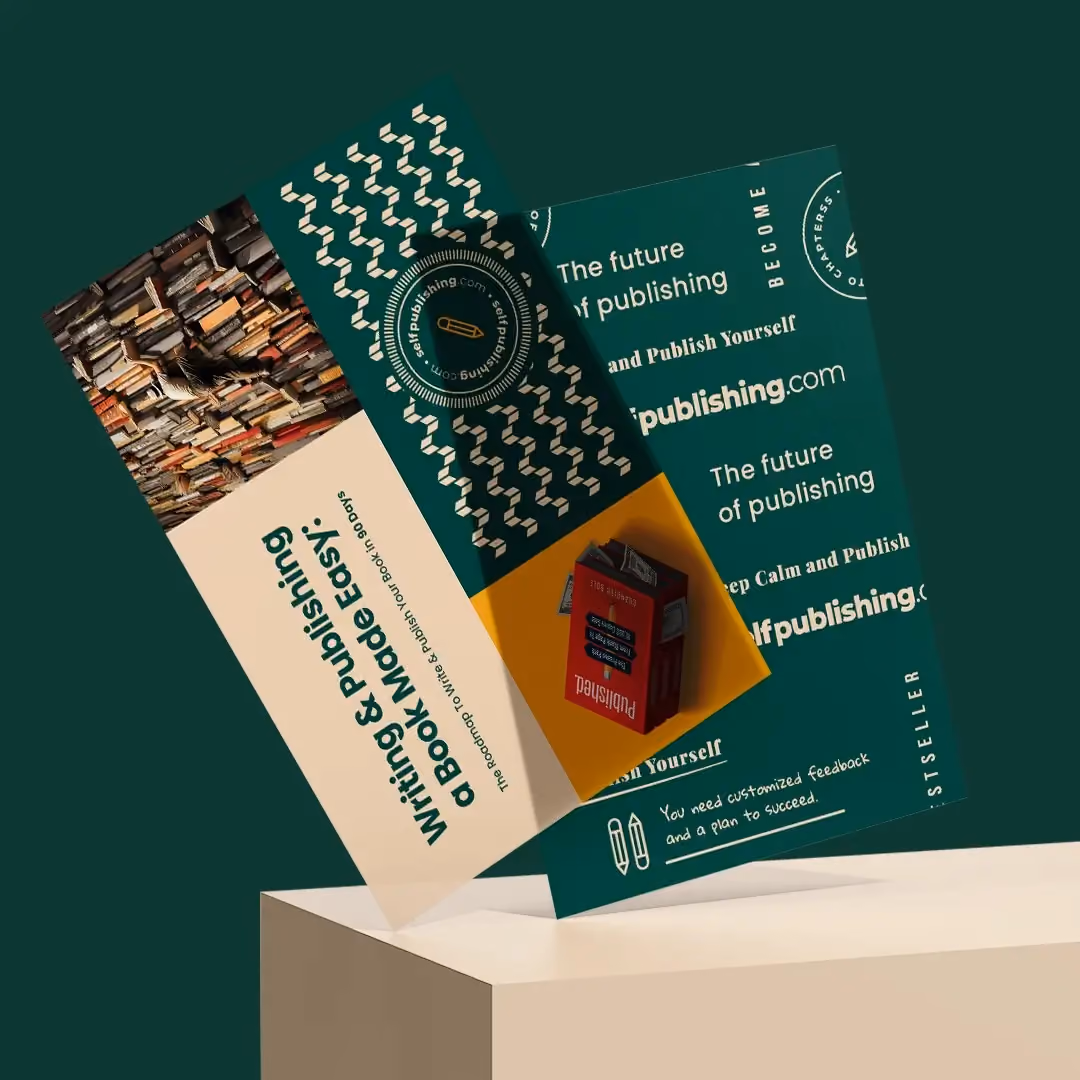 Selfpublishing.com branding and publishing materials on a dark green background.