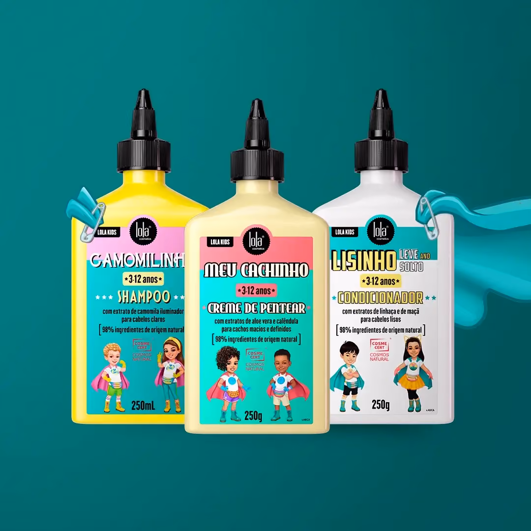 Lola Kids hair care bottles on a turquoise background.