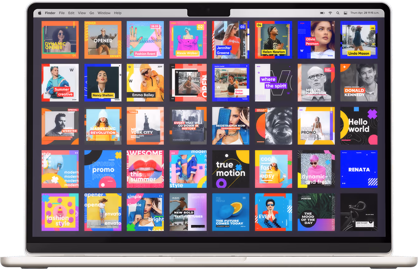 Colorful social media design portfolio displayed as a grid on a laptop.