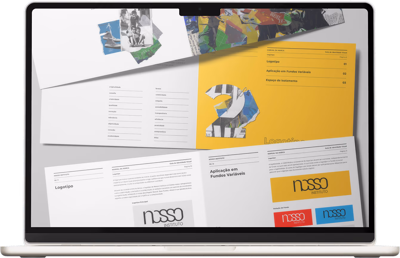 Nosso Instituto brandbook and collage designs displayed on a laptop.
