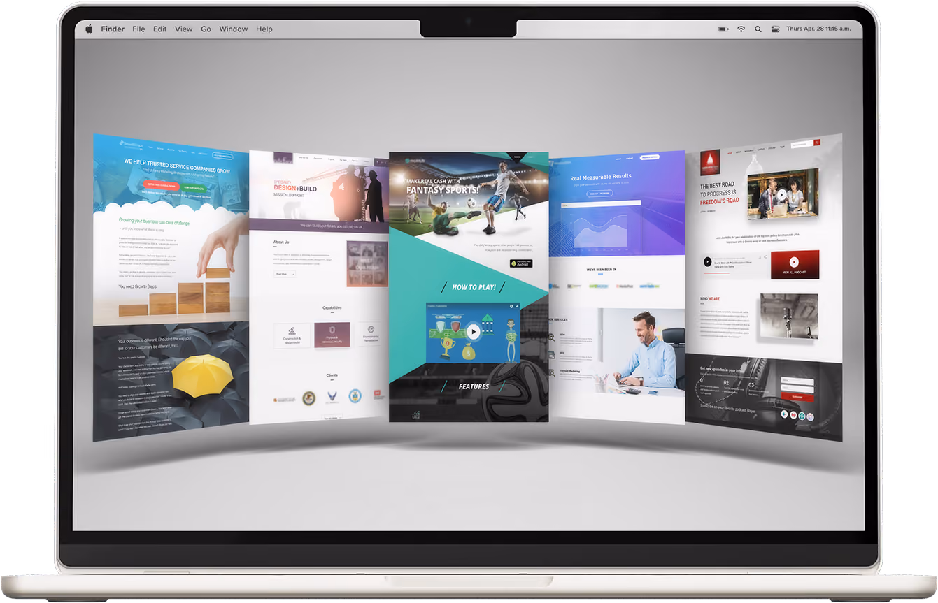 Collection of website interface designs displayed on a laptop.
