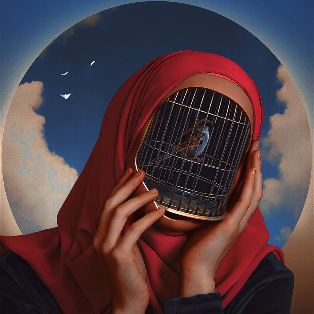 Unum illustration of a figure in a red hood holding a cage over the face.