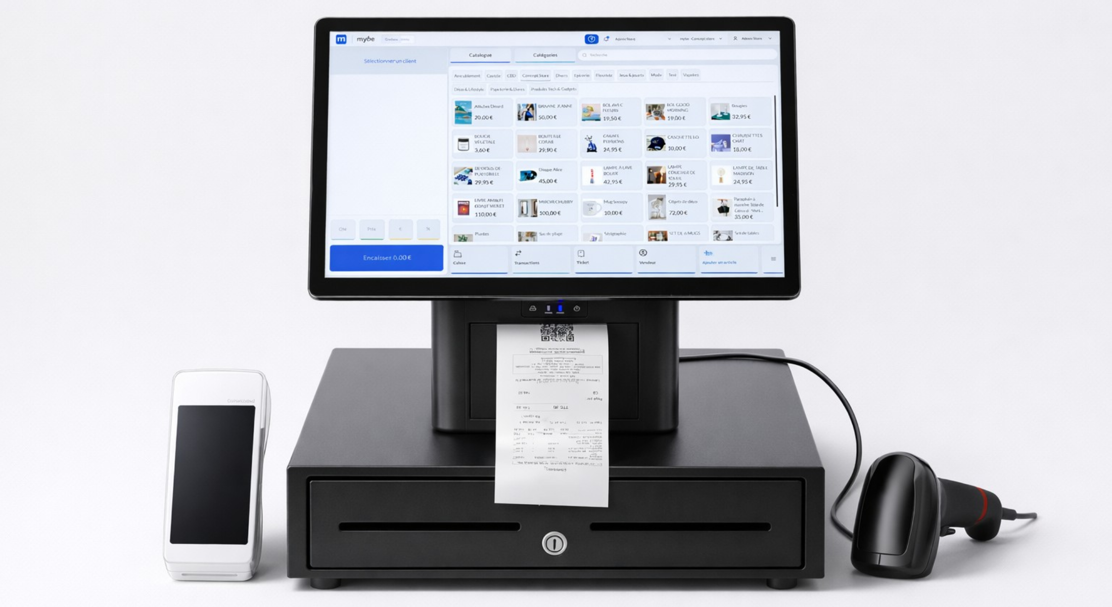 Modern point-of-sale system with touchscreen monitor displaying product catalog, receipt printer, cash drawer, card payment terminal, and barcode scanner.