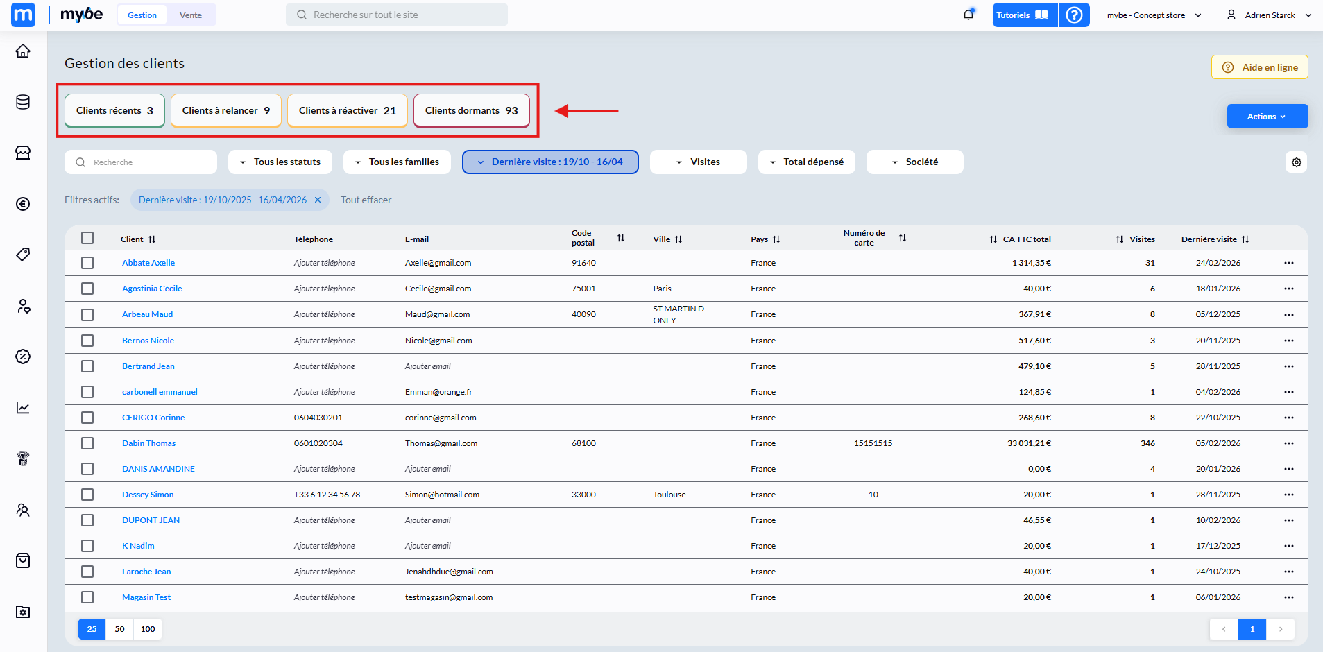 Fichier clients, boutons d'action