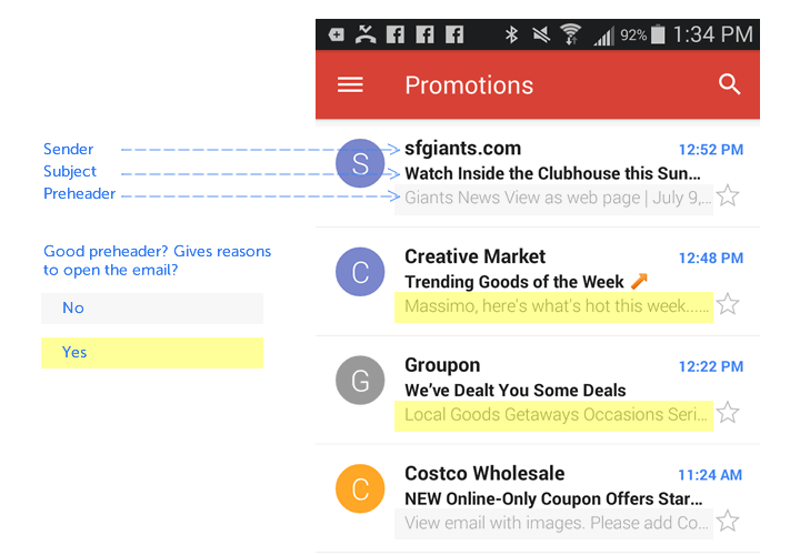 preheader and subject line displayed