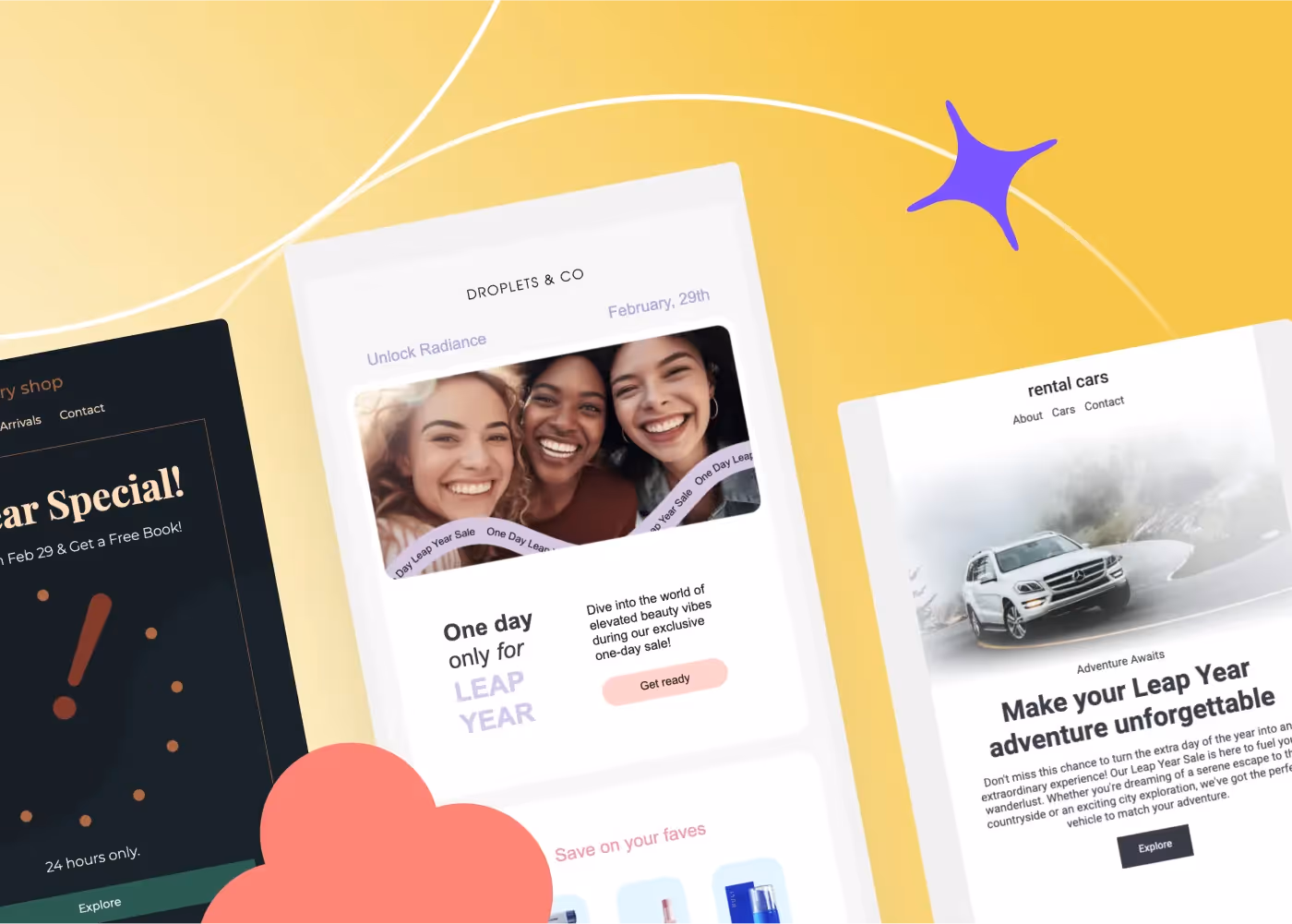 Leap year email ads for books, beauty, and car rentals with bold designs and Feb 29 promotions on a yellow backdrop.