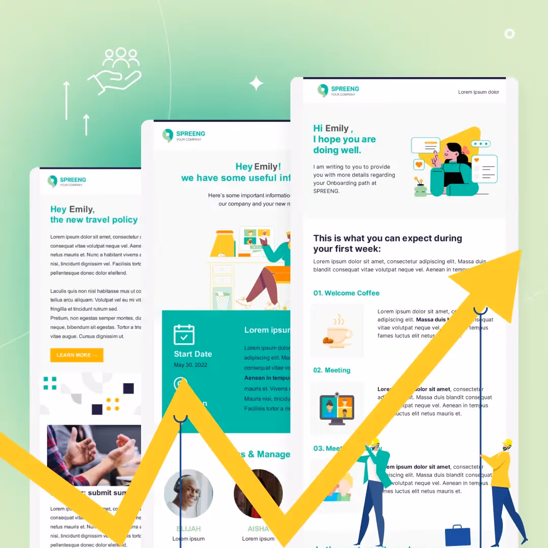 Green-gradient employee emails featuring policy update, onboarding details, personalized greeting and growth arrow.