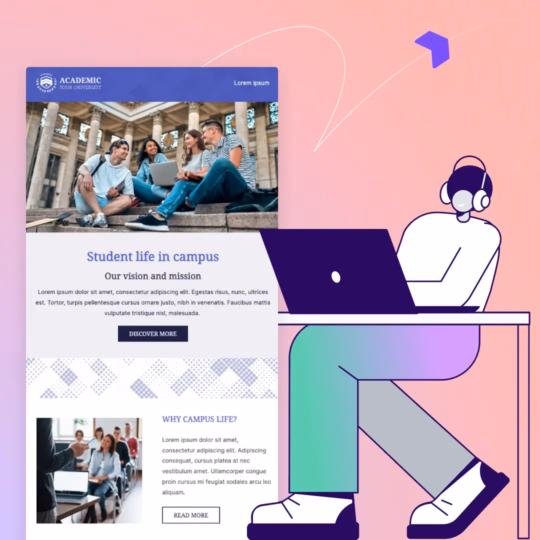 Higher ed email marketing guide with academic-themed design elements.