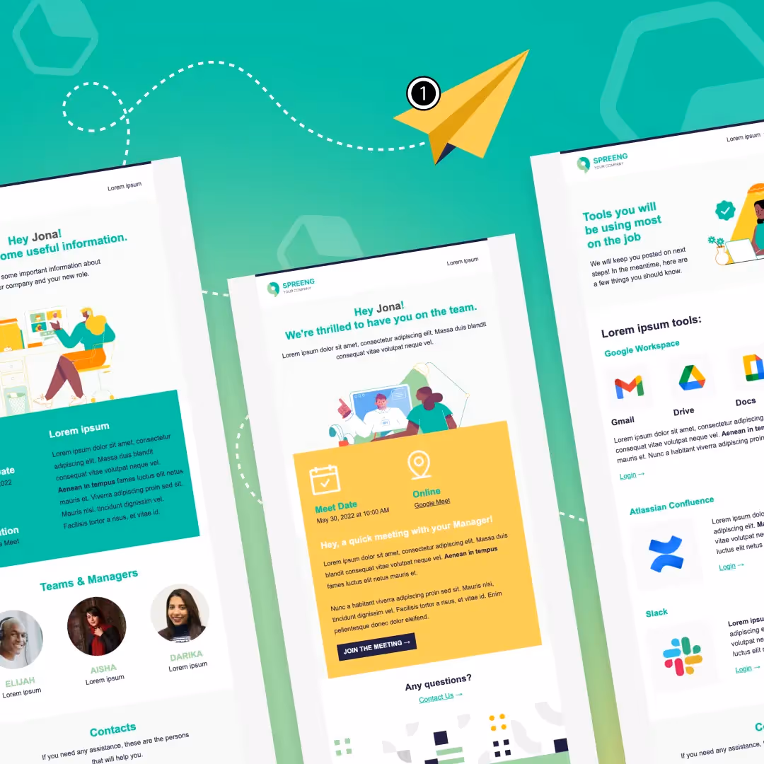 Three SaaS onboarding emails on a green background: welcome greeting, meeting invite, tools overview, linked by a paper airplane graphic.
