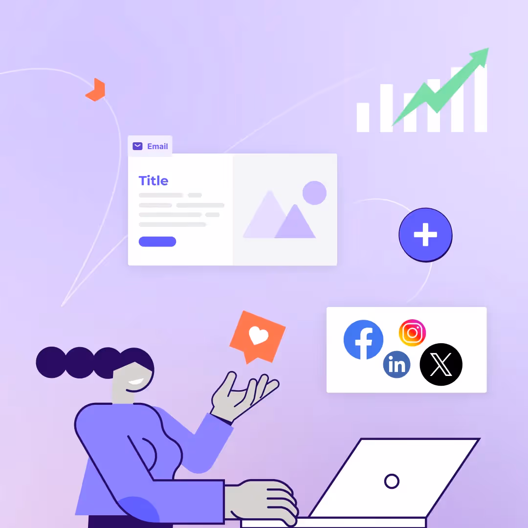 Illustration of a person using a laptop with icons linking email marketing to Facebook, Instagram, LinkedIn, and X (Twitter).