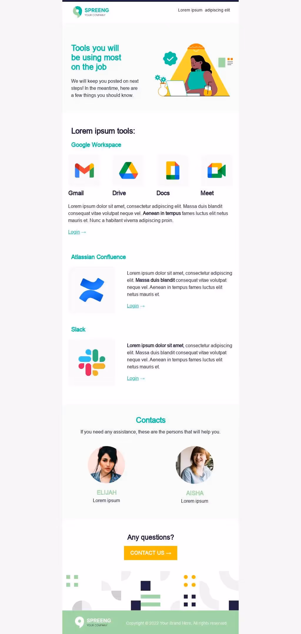 Onboarding tools guide with Google Workspace, Confluence, Slack icons, and support contacts Elijah and Aisha.