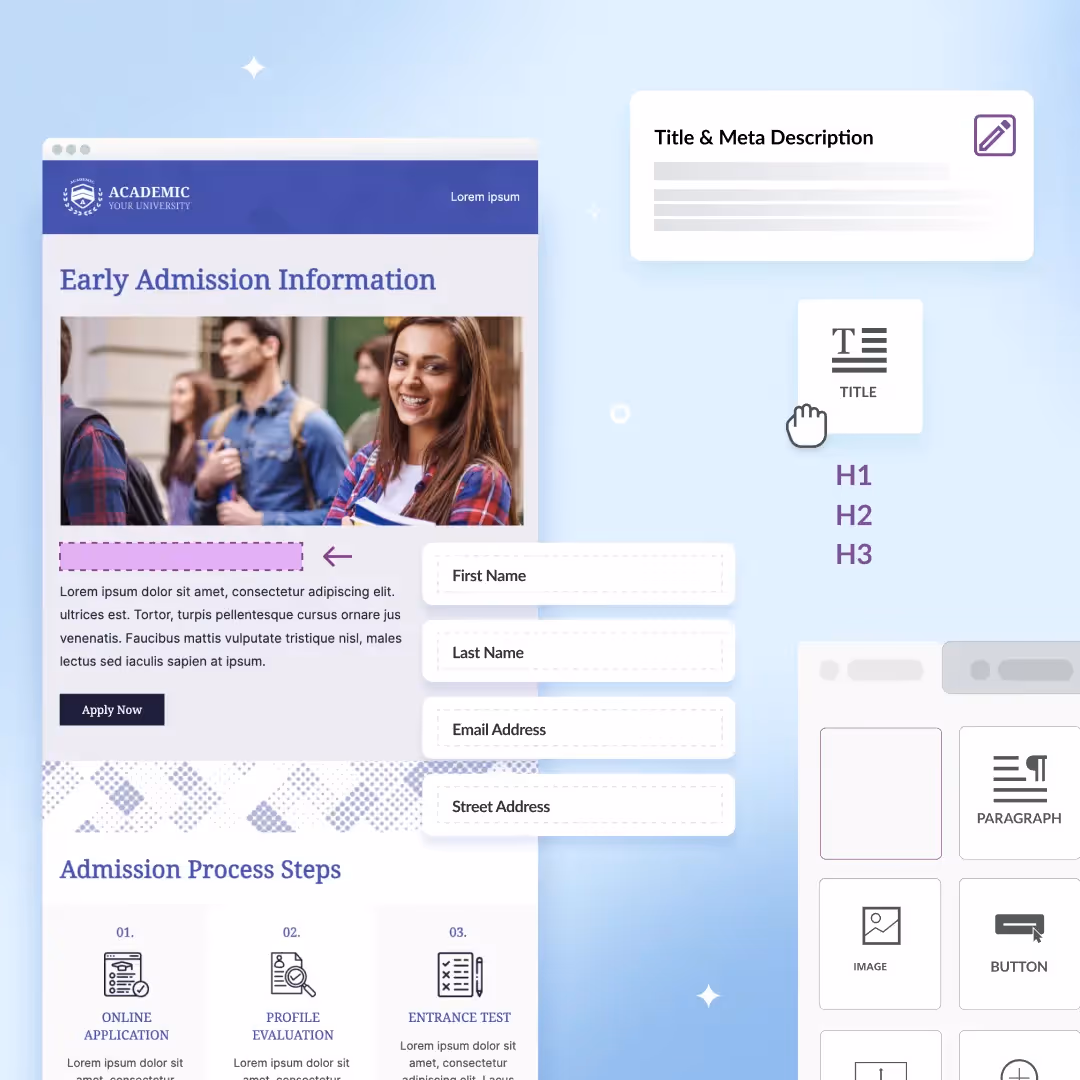 Email design for early college admissions with form fields, images, and UI elements for higher ed marketing trends.
