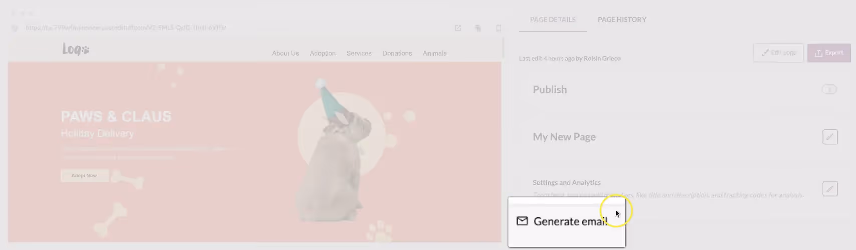 Preview of a pet adoption holiday page with a “Generate email” button highlighted for email creation.