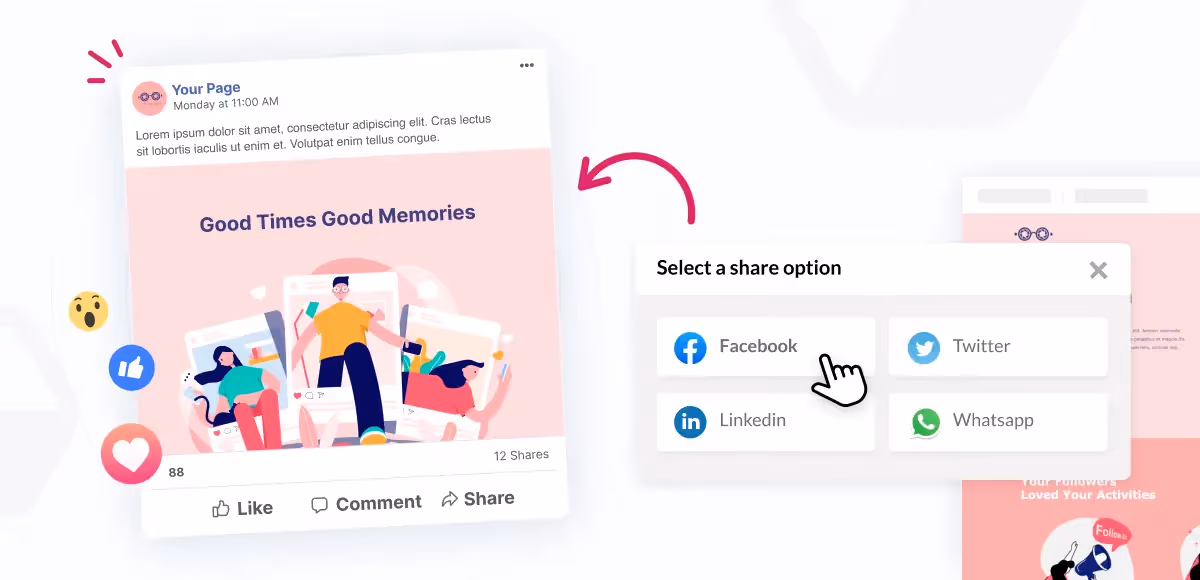 Social post preview with share options for Facebook, Twitter, LinkedIn, and WhatsApp.
