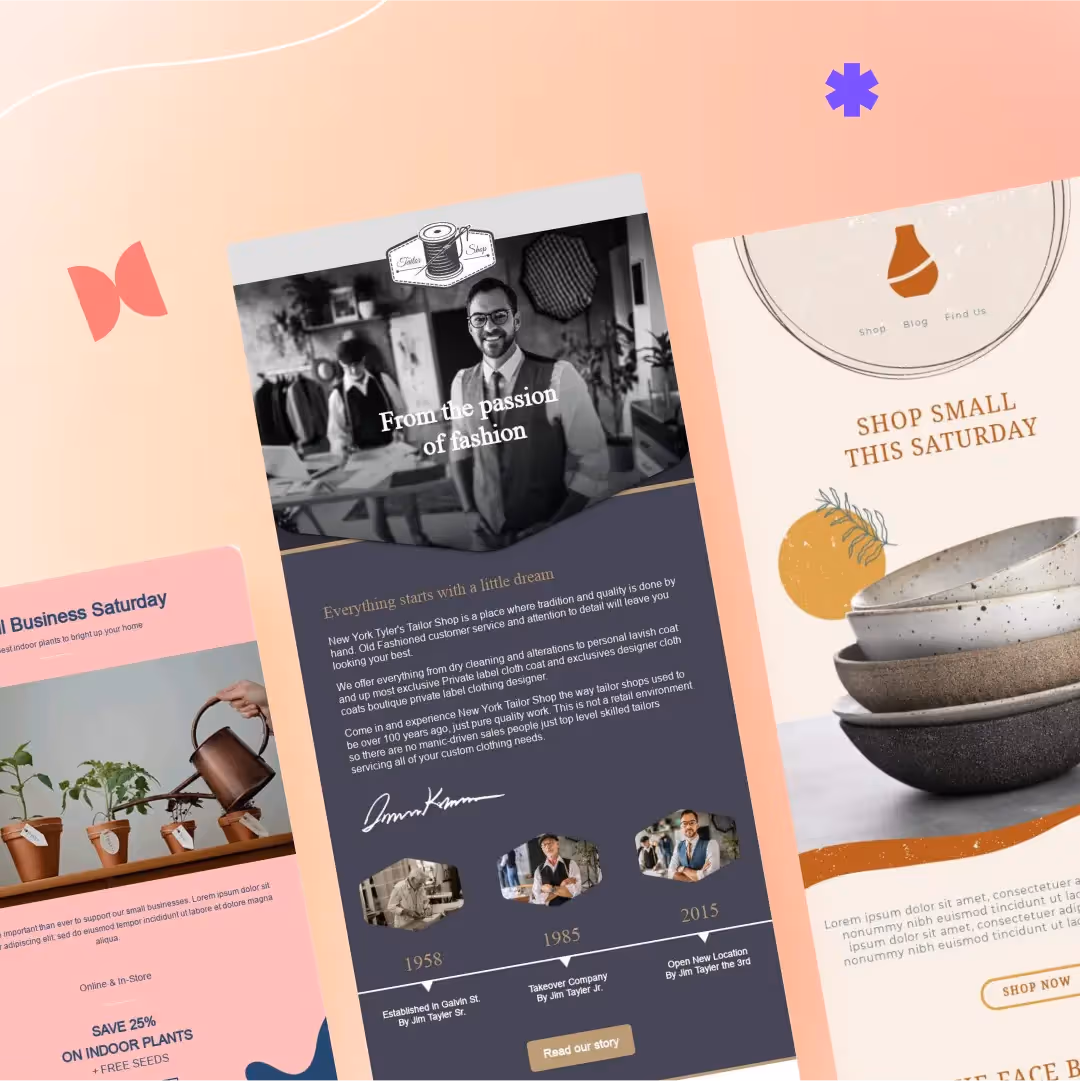 Small business email collage: Three biz email templates: watering plants for Small Business Saturday; tailor shop banner; ceramic bowls ‘Shop small’ promo