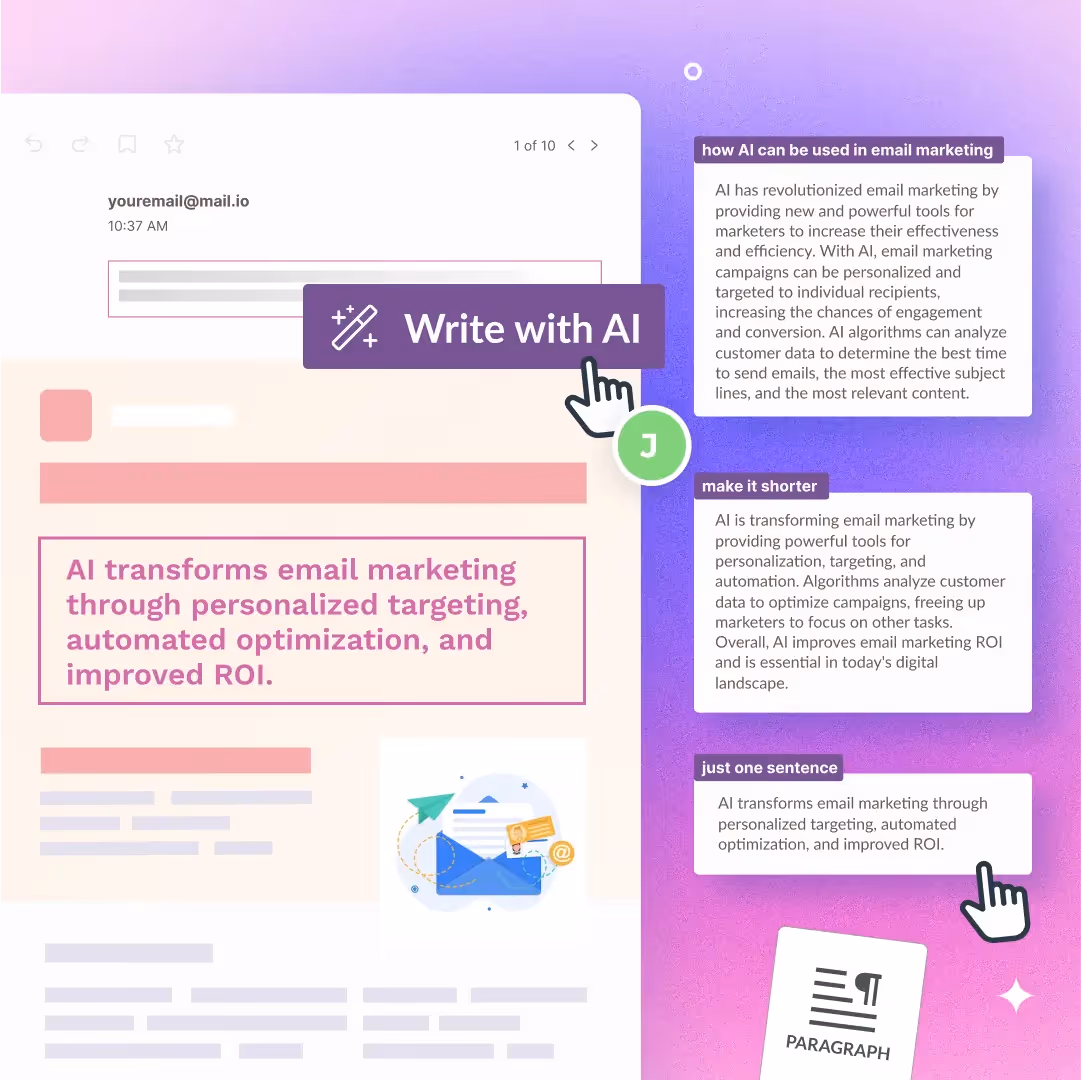 Illustration showing AI writing tools improving email marketing with automation, personalization, and content suggestions.