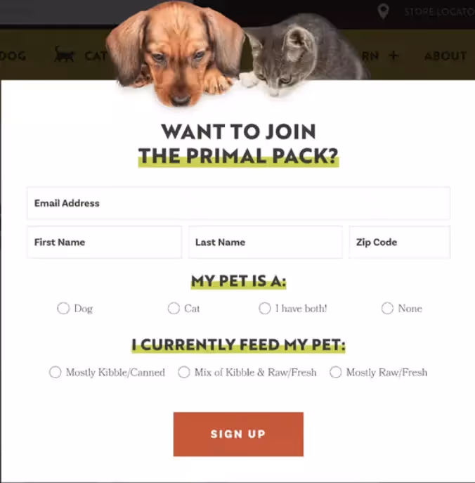 Primal pet foods sign up form