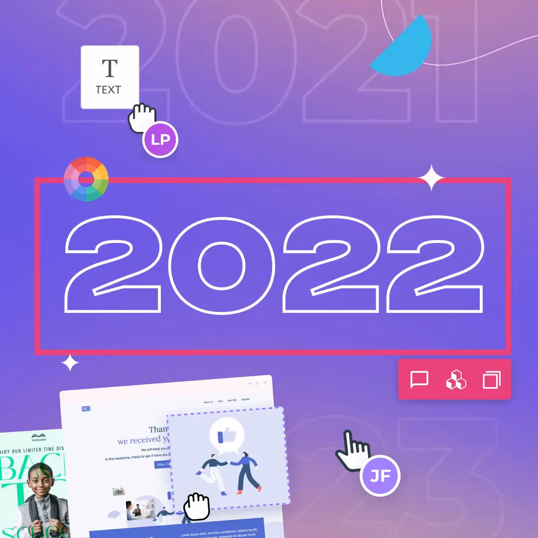 Purple gradient Bee email collaboration graphic: outlined “2022” inside a red frame, with cursors clicking, a color wheel, text icon and email mockup thumbnails.