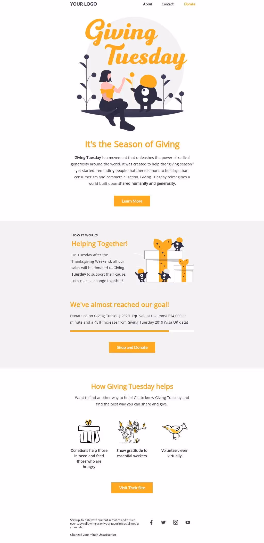 Giving Tuesday email campaign promoting donations, gratitude, and virtual volunteering during the holiday giving season.